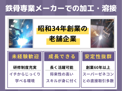 16476_【鉄骨加工・溶接】未経験・第二新卒歓迎/賞与2回（4ヶ月分）/長く安心して働ける_メイン画像