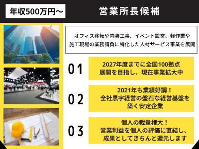 17252_【500万～】営業所長候補／業界経験不問／業績好調／裁量大きい／完全週休2日制_メイン画像